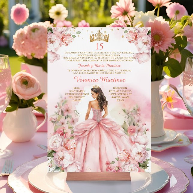 Spanish Blush Pink Princess Gold 15 Años Birthday Invitation (Creator Uploaded)