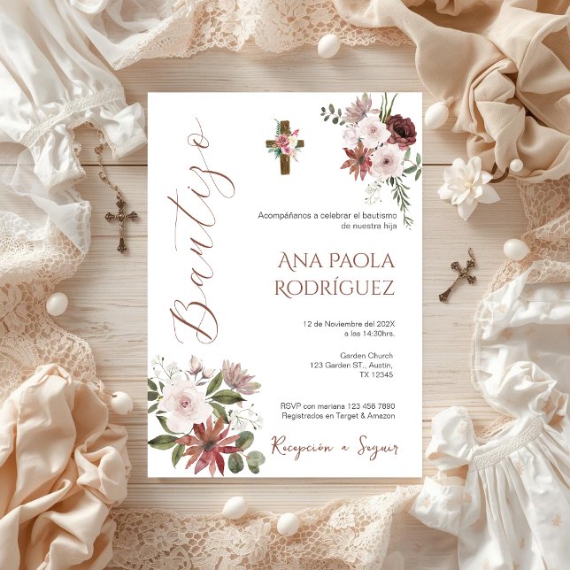 Spanish Boho Floral Girl Baptism Invitation (Creator Uploaded)