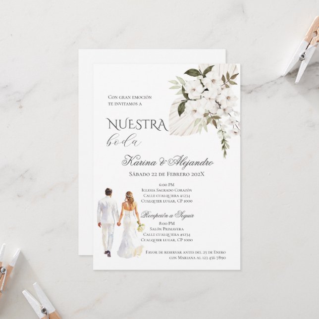 Spanish Boho Floral Wedding Invitation (Front/Back In Situ)