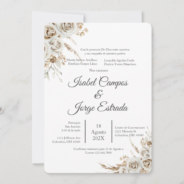 Spanish Boho Floral Wedding Invitation (Front)