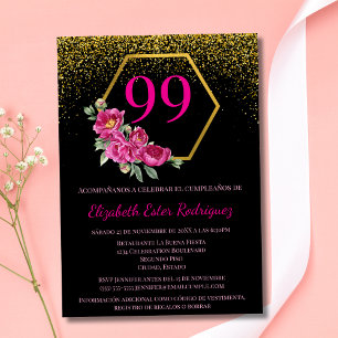 Spanish Bold Chic Black Gold & Pink 99th Birthday Invitation