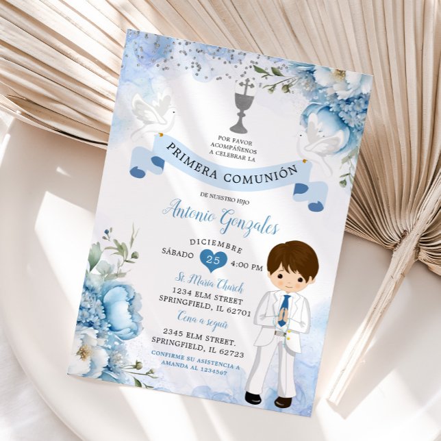 Spanish Boy Dusty Blue Floral Primera Comunion Invitation (Creator Uploaded)
