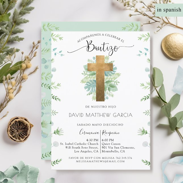 Spanish, Boy or Girl Greenery Green Mint Baptism Invitation (Creator Uploaded)