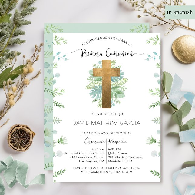 Spanish, Boy or Girl Greenery Mint First Communion Invitation (Creator Uploaded)