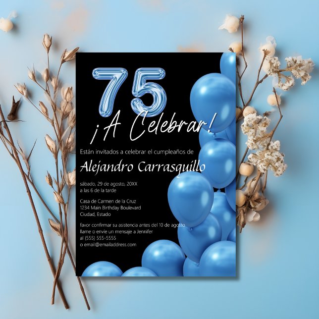 Spanish Bright Blue Balloons Black 75th Birthday Invitation (Creator Uploaded)