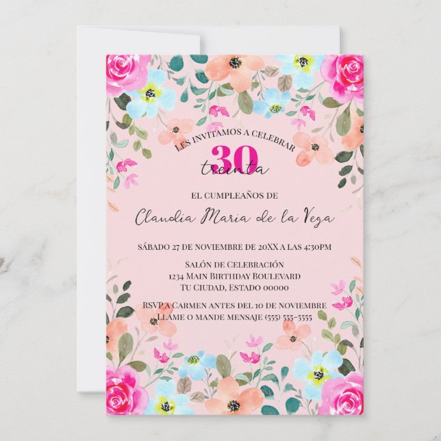 Spanish Bright Pink Floral 30th Birthday Party  Invitation (Front)