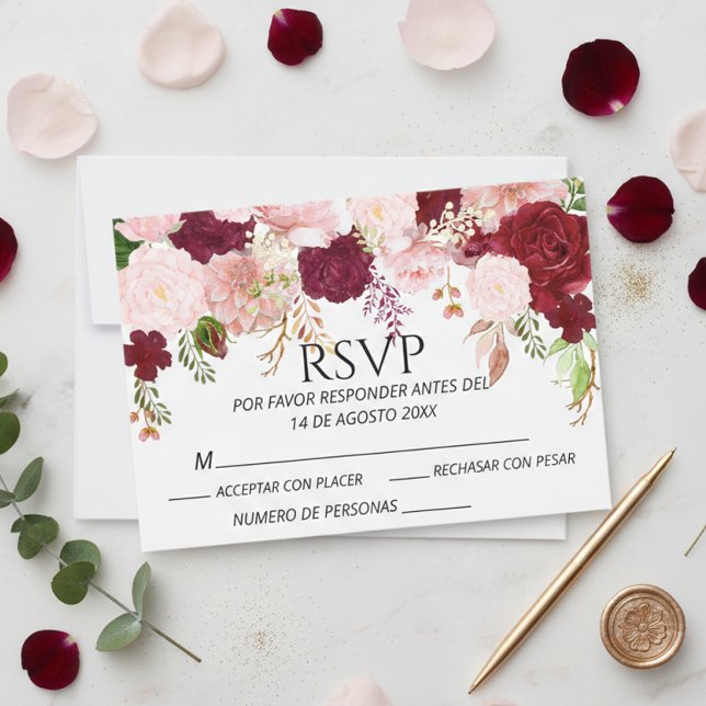 Spanish Burgundy Blush Pink Floral RSVP wedding  (Creator Uploaded)