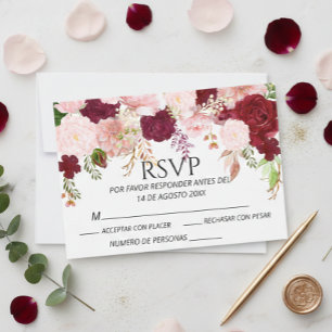 Spanish Burgundy Blush Pink Floral RSVP wedding  Card