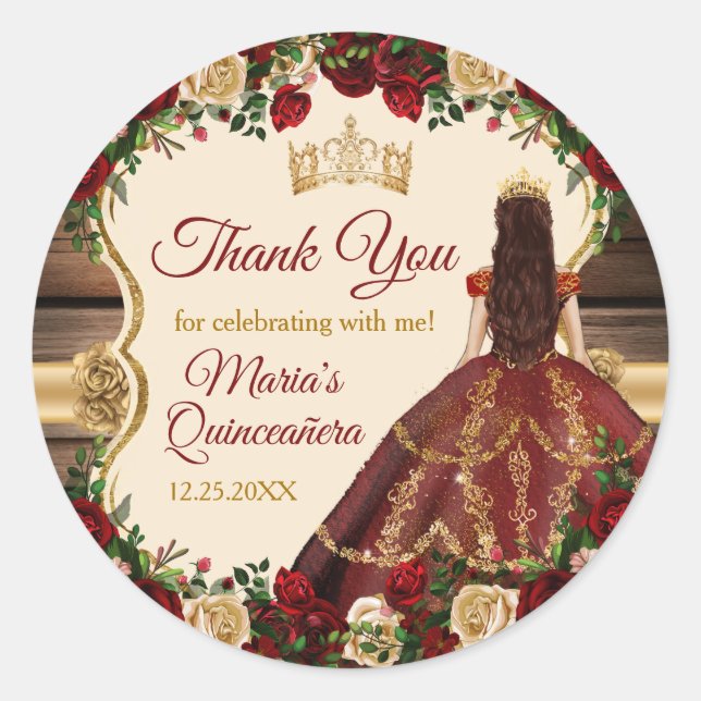 Spanish Burgundy Floral Rustic 15 Anos Thank You Classic Round Sticker (Front)
