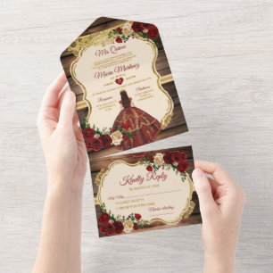 Spanish Burgundy Floral Rustic Wood Mis Quince All In One Invitation