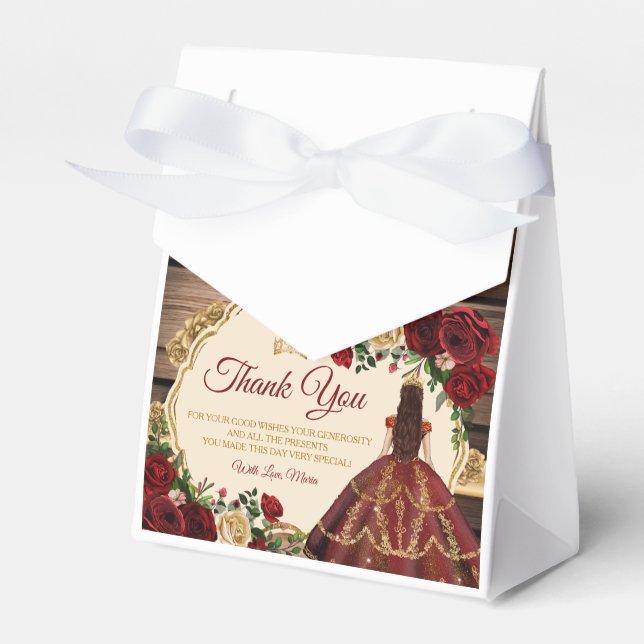 Spanish Burgundy Floral Rustic Wood Mis Quince Favour Box (Front Side)