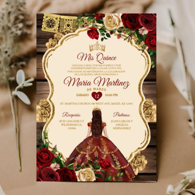 Spanish Burgundy Floral Rustic Wood Mis Quince Invitation (Creator Uploaded)
