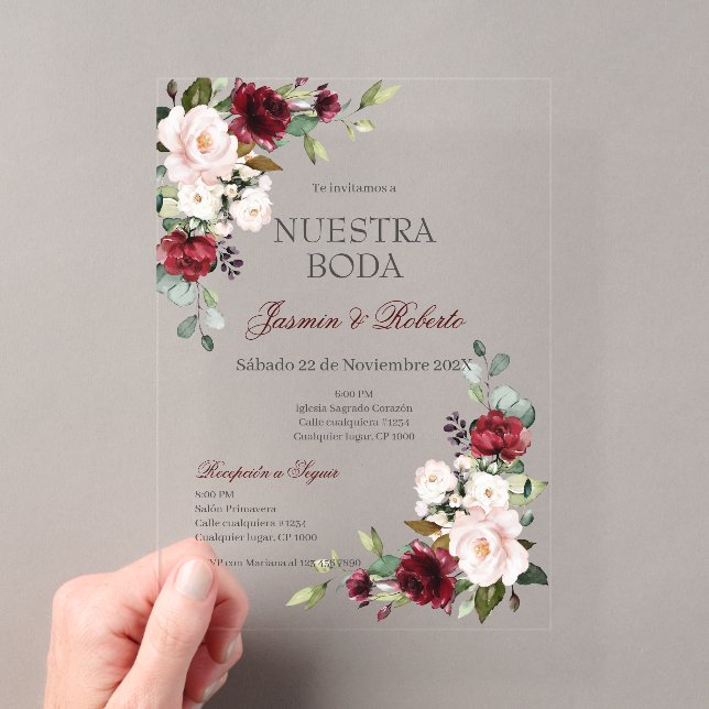 Spanish Burgundy Floral Wedding Acrylic Invitations (Insitu (Handheld))