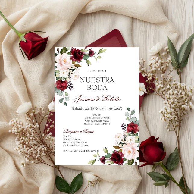 Spanish Burgundy Floral Wedding Invitation (Creator Uploaded)