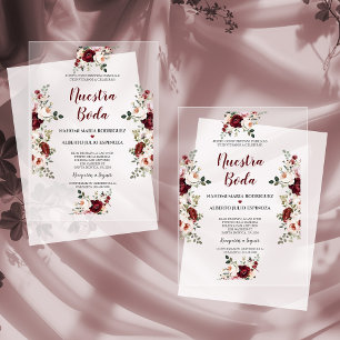 Spanish Burgundy Pink Flowers Nuestra Boda  Acrylic Invitations