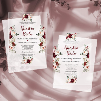 Spanish Burgundy Pink Flowers Nuestra Boda Acrylic Invitations