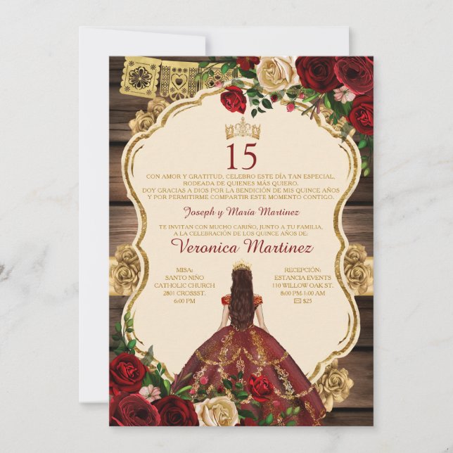 Spanish Burgundy Princess Floral Wood 15 Años Invitation (Front)
