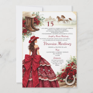 Spanish Burgundy Red Floral Charro Girl 15 Años Invitation