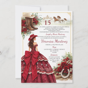Spanish Burgundy Red Floral Charro Girl 15 Años Invitation