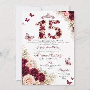 Spanish Burgundy Red Floral Crown Sweet 15 Años Invitation