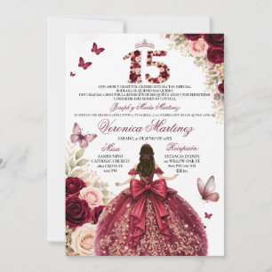 Spanish Burgundy Red Floral Princess Dress 15 Años Invitation