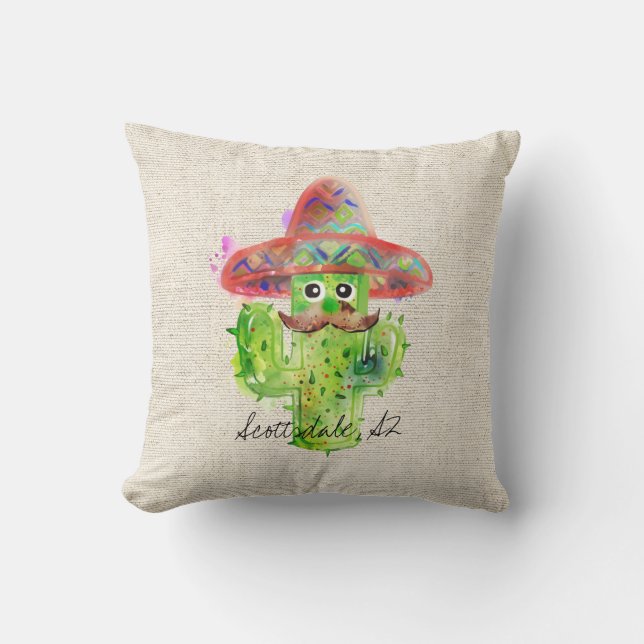 Spanish Cactus Moustache Hat Fiesta Text Artisan Cushion (Front)