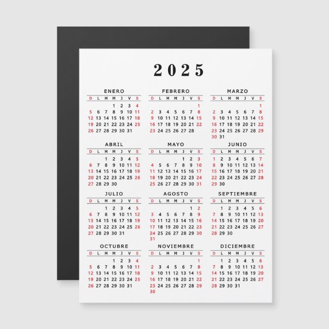 Spanish Calendar 2025 White Black Red Magnet (Front/Back)