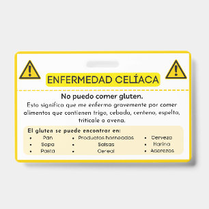 Spanish Celiac Disease Gluten Allergy Alert Card ID Badge