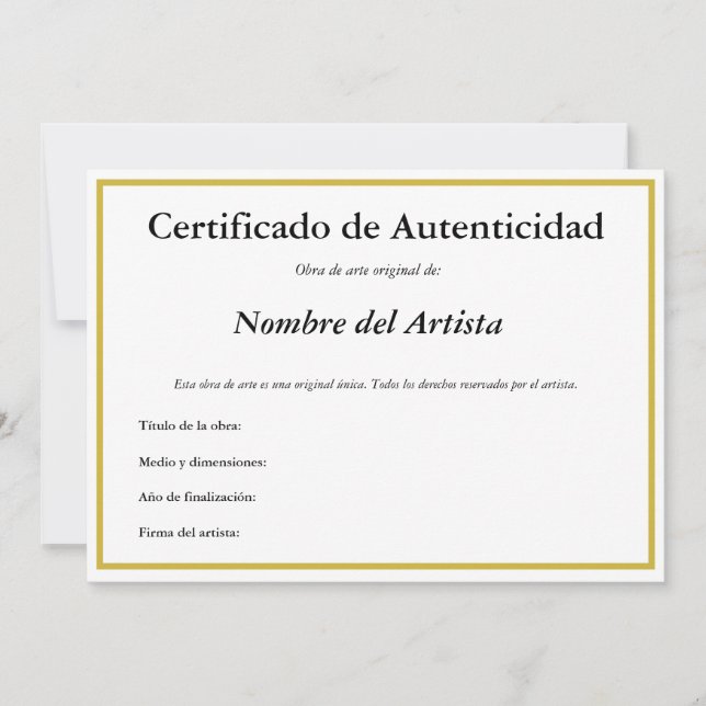 Spanish Certificate of Authenticity for Art Announcement (Front)