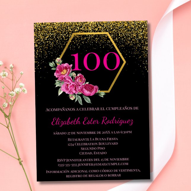 Spanish Charming Black Gold & Pink 100th Birthday Invitation (Creator Uploaded)