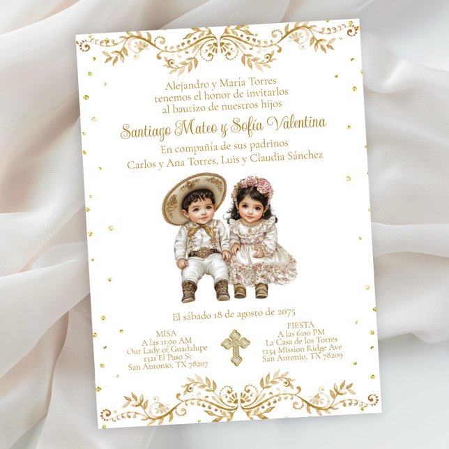 Spanish Charro and Charra Twin Baptism Invitation (Gold Charro and Charra twin baptism invitation. Simply add your event details.)