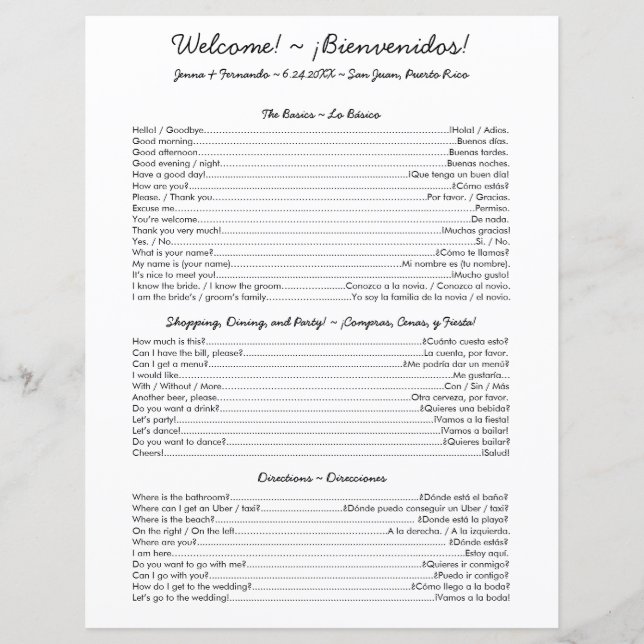 Spanish Cheat Sheet - Bilingual Wedding (Front)