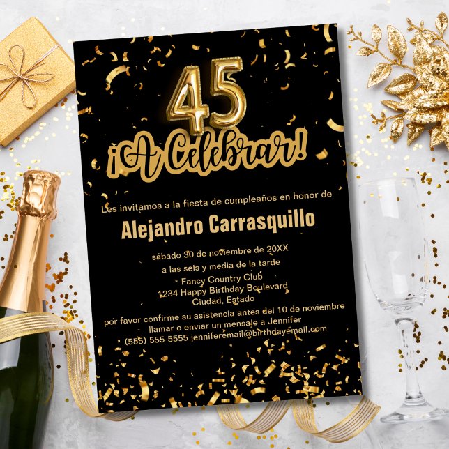 Spanish Chic Black and Gold Confetti 45th Birthday Invitation (Creator Uploaded)