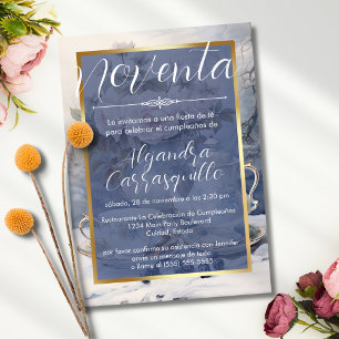 Spanish Chic Blue Gold Tea Party 90th Birthday Invitation