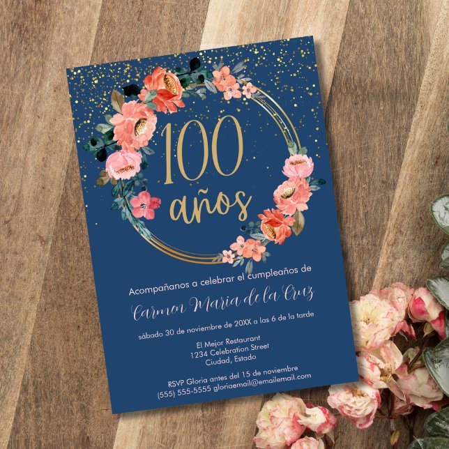 Spanish Chic Elegant Floral 100th Birthday Party Invitation (Creator Uploaded)