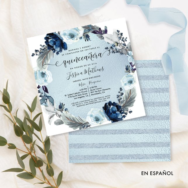 Spanish, Chic Pale Blue Flowers and Foil Quinceañe Invitation (Creator Uploaded)