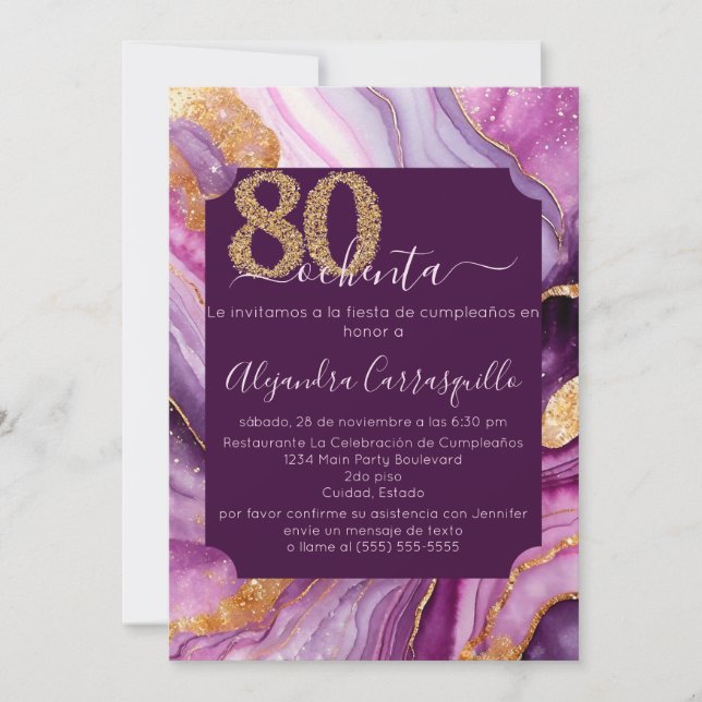 Spanish Chic Pink Purple Agate 80th Birthday Party Invitation (Front)