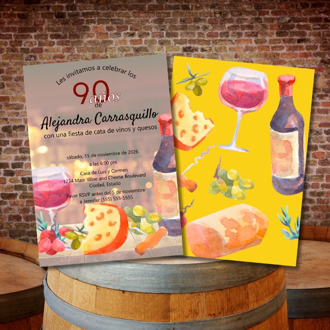 Spanish Chic Wine & Cheese Tasting 90th Birthday Invitation (Creator Uploaded)