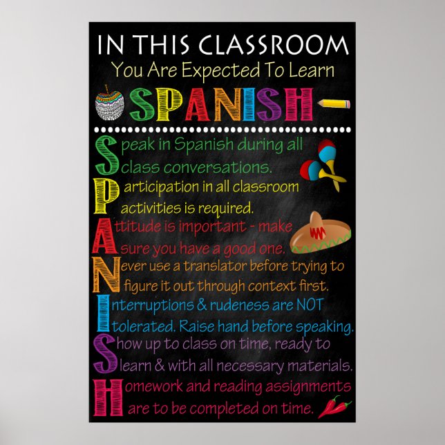 Spanish Classroom Rules Printable Poster (Front)