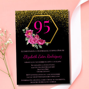 Spanish Classy Black Gold & Pink 95th Birthday Invitation