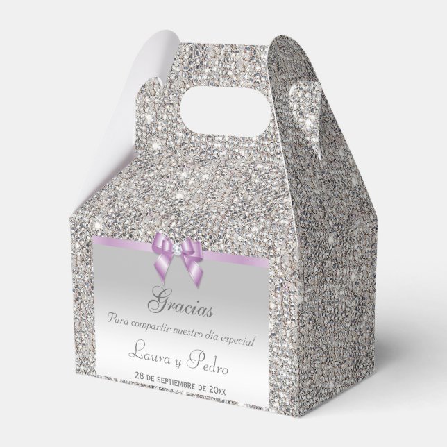 Spanish Classy Silver Sequins Lilac Bow Diamond Favour Box (Front Side)