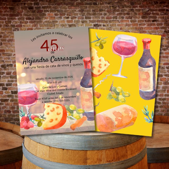 Spanish Classy Wine & Cheese Tasting 45th Birthday Invitation (Creator Uploaded)