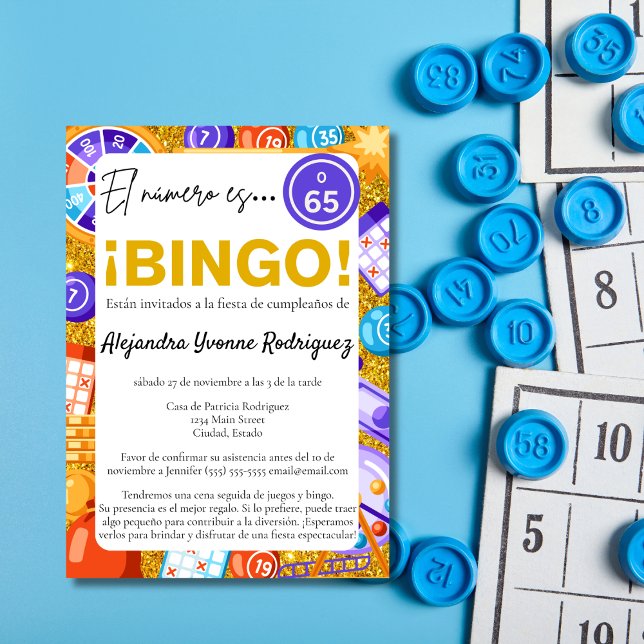 Spanish Colourful Bingo & Games Gold 65th Birthday Invitation (Creator Uploaded)
