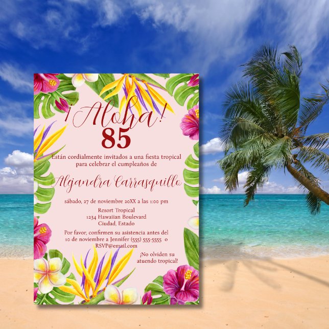 Spanish Colourful Pink Aloha Hawaiian 85th Birthda Invitation (Creator Uploaded)