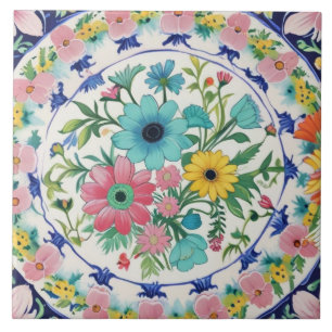 Spanish Colourful Vibrant Flowers Pink Blue Floral Tile