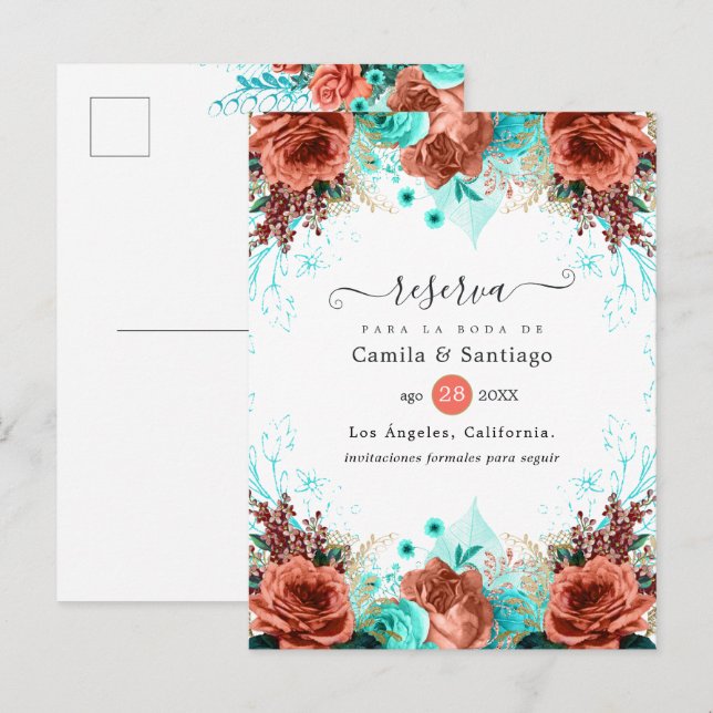 Spanish Coral and Turquoise Floral Wedding Announcement Postcard (Front/Back)