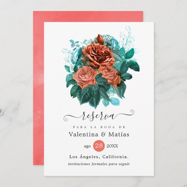 Spanish Coral and Turquoise Floral Wedding Save The Date (Front/Back)