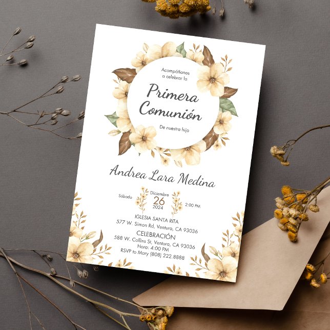 Spanish Cute Yellow Flowers First Communion  Invitation (Creator Uploaded)