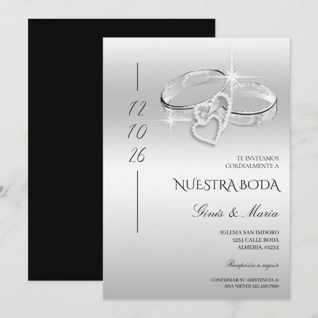 Spanish Decorative Glitzy Silver Wedding Rings  Invitation (Front/Back)