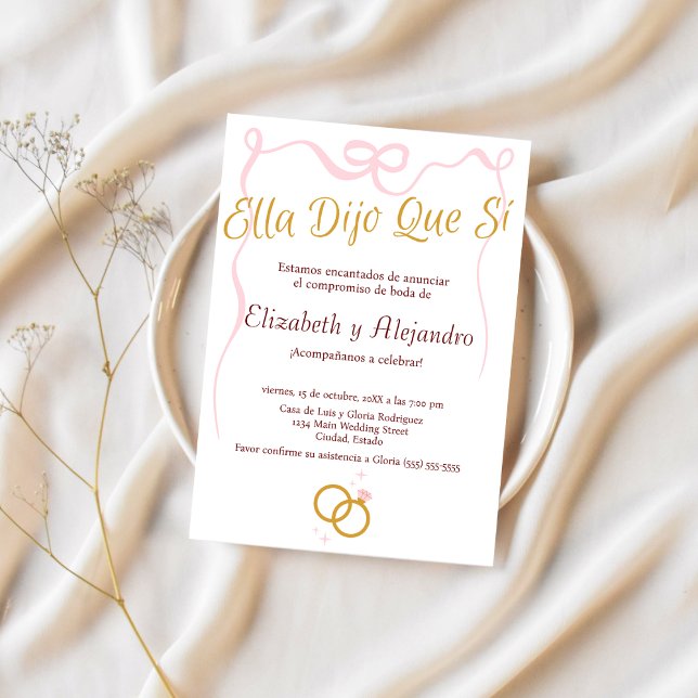 Spanish Delicate Pink Bow Rings Engagement Party Invitation (Creator Uploaded)